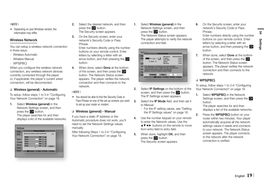 Samsung BD-E5500/XE You can setup a wireless network connection in three ways, IP Settings values on, Settings English 