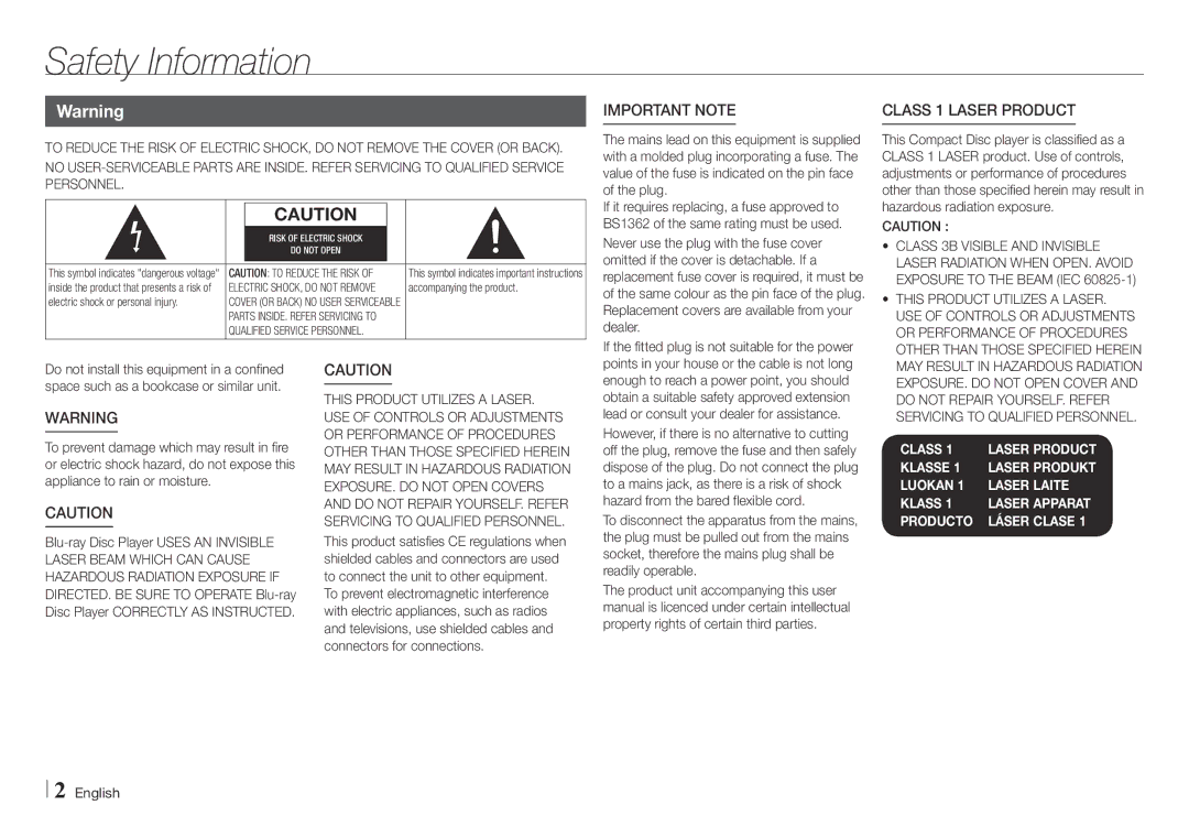 Samsung BD-E5500/EN, BD-E5500/XE manual Safety Information, Class 1 Laser product, Class 3B Visible and Invisible, English 