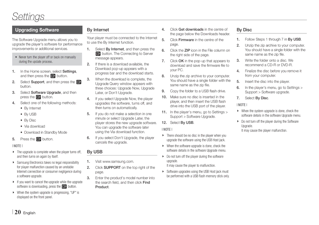Samsung BD-E5500/EN, BD-E5500/XE manual Upgrading Software, By Internet, By USB, By Disc 