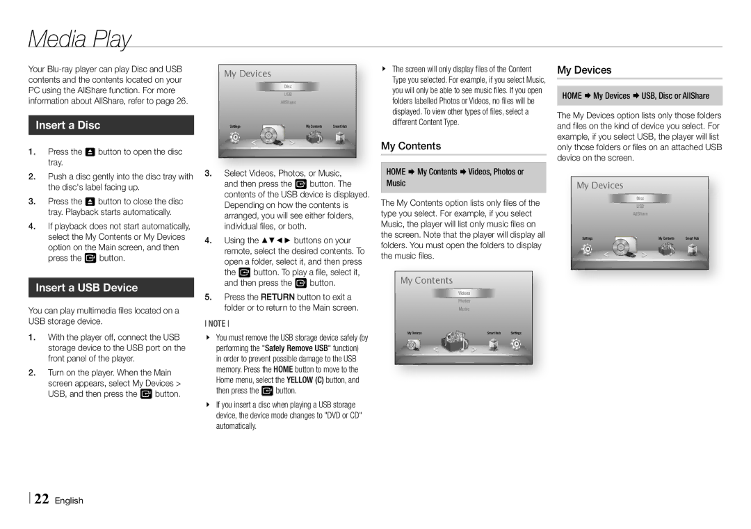 Samsung BD-E5500/EN, BD-E5500/XE manual Media Play, Insert a Disc, Insert a USB Device, My Contents, My Devices 