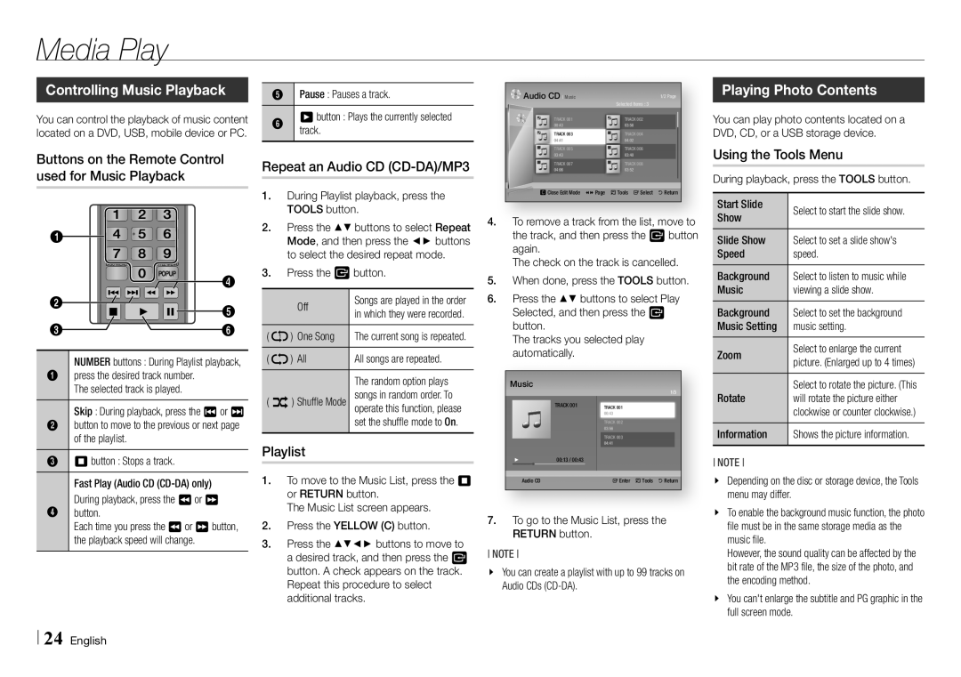 Samsung BD-E5500/EN, BD-E5500/XE manual Controlling Music Playback, Playing Photo Contents 