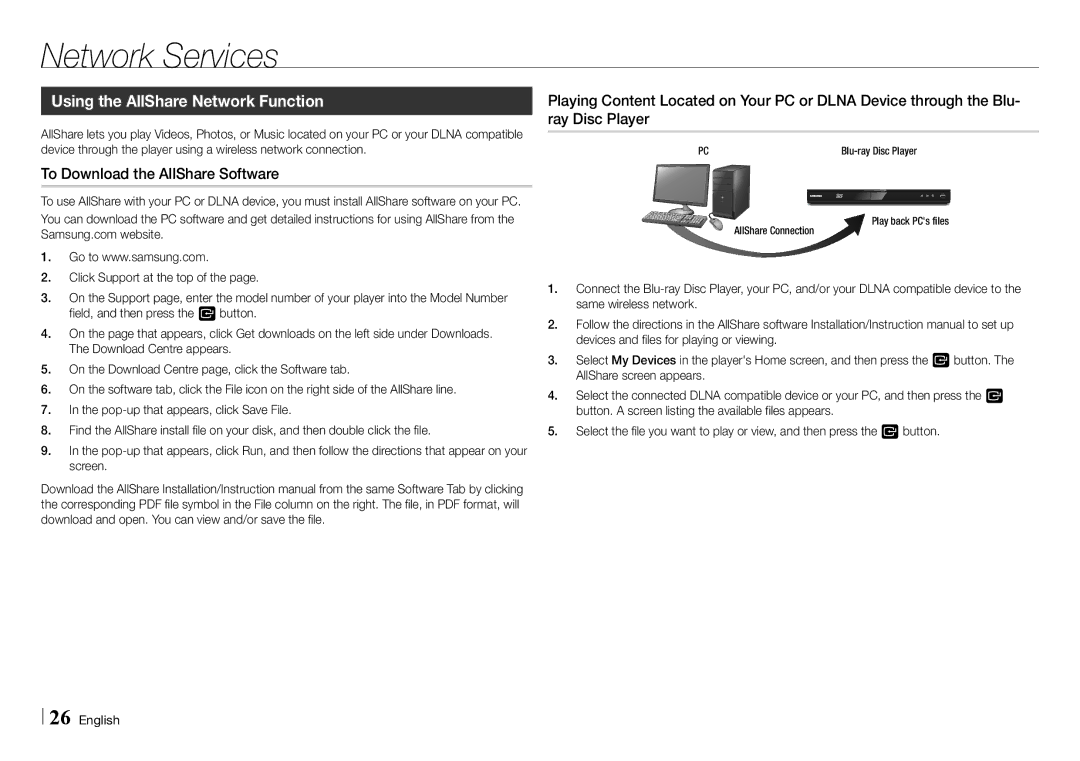 Samsung BD-E5500/EN, BD-E5500/XE manual Using the AllShare Network Function, To Download the AllShare Software 