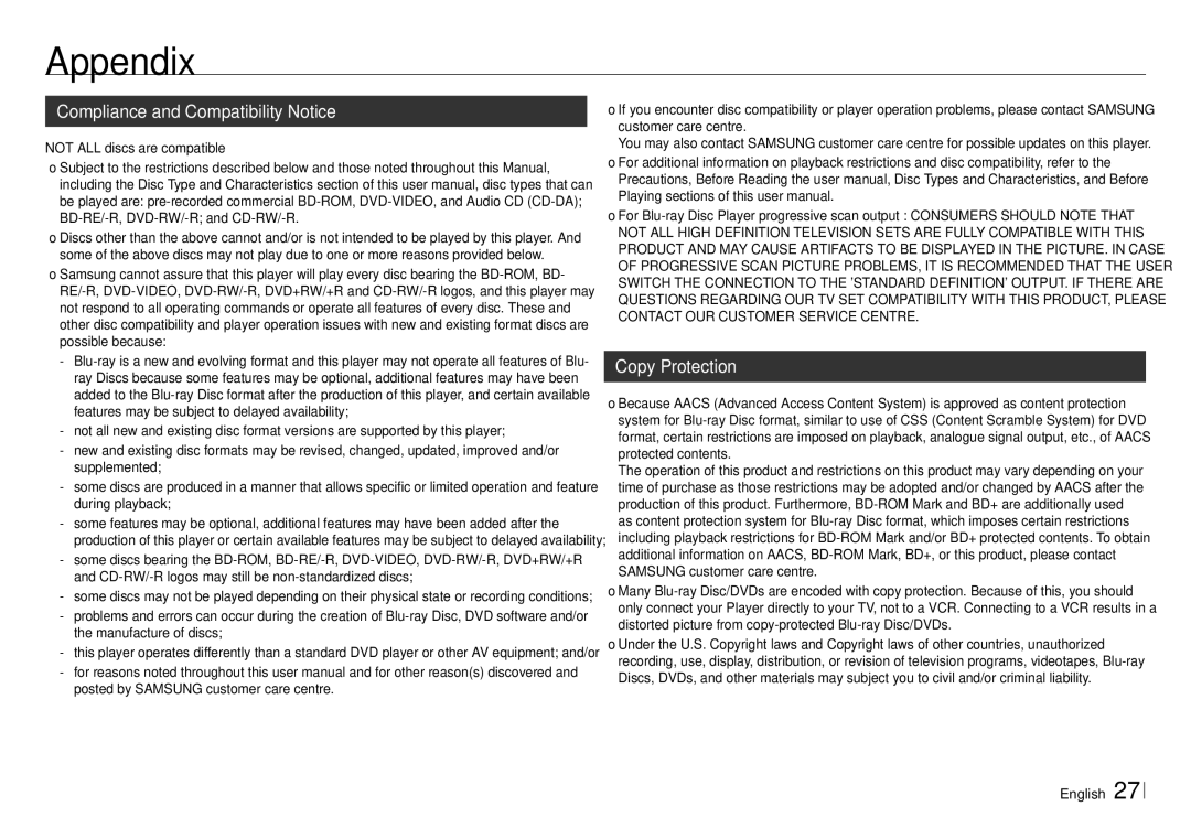 Samsung BD-E5500/XE manual Appendix, Compliance and Compatibility Notice, Copy Protection, Not ALL discs are compatible 