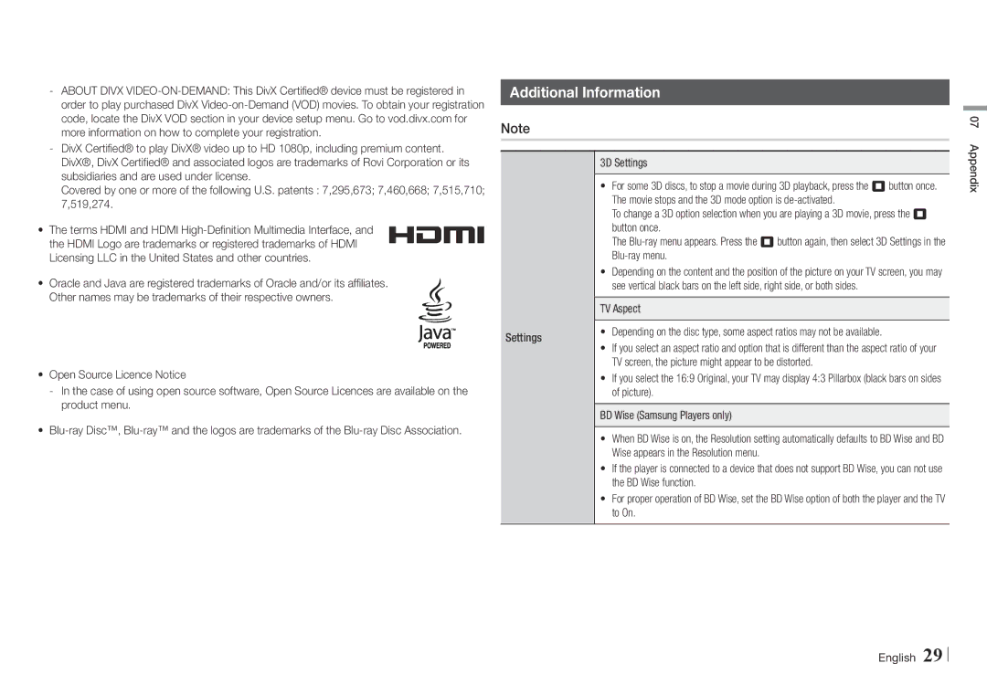 Samsung BD-E5500/XE Additional Information, 3D Settings, TV Aspect, TV screen, the picture might appear to be distorted 