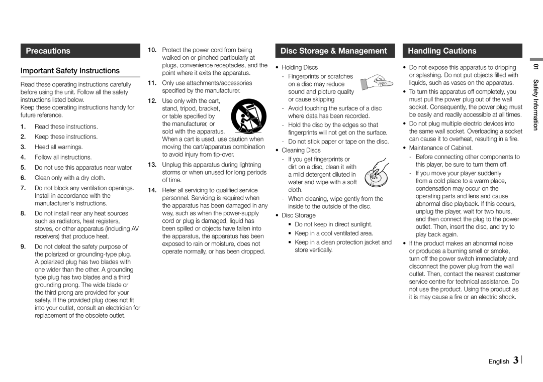 Samsung BD-E5500/XE, BD-E5500/EN Precautions, Disc Storage & Management, Handling Cautions, Important Safety Instructions 