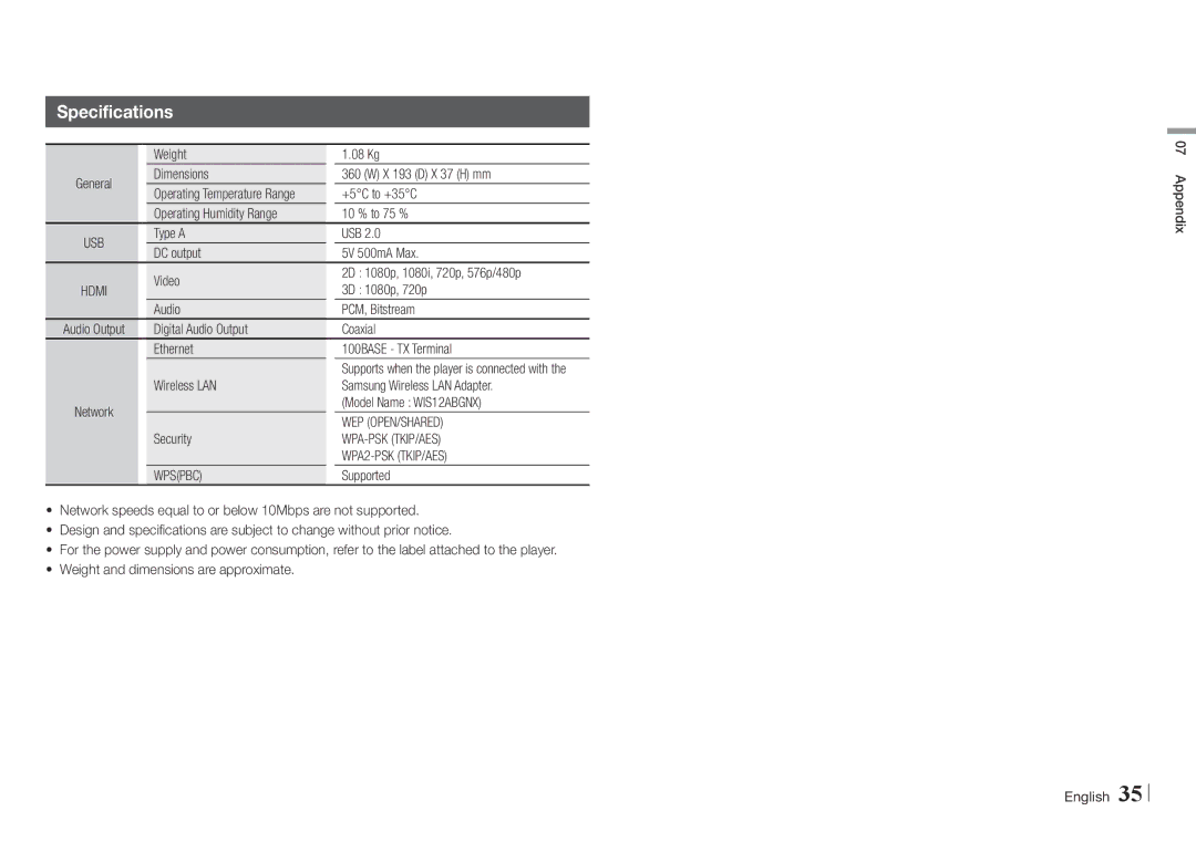 Samsung BD-E5500/XE, BD-E5500/EN manual Specifications, Wep Open/Shared, Wpa-Psk Tkip/Aes, WPA2-PSK TKIP/AES, Wpspbc 