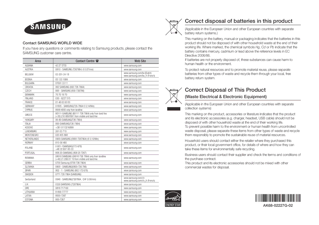 Samsung BD-E5500/XE, BD-E5500/EN Correct disposal of batteries in this product, Waste Electrical & Electronic Equipment 