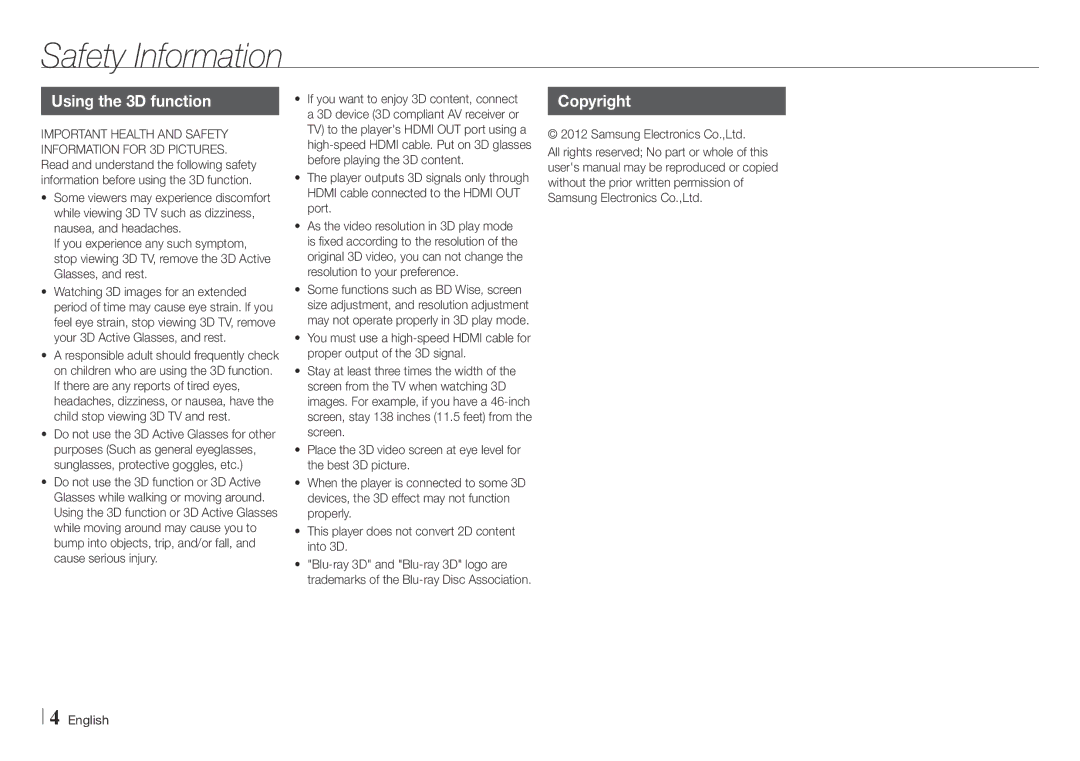 Samsung BD-E5500/EN, BD-E5500/XE manual Using the 3D function, Copyright 