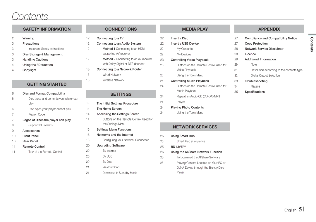 Samsung BD-E5500/XE, BD-E5500/EN manual Contents 