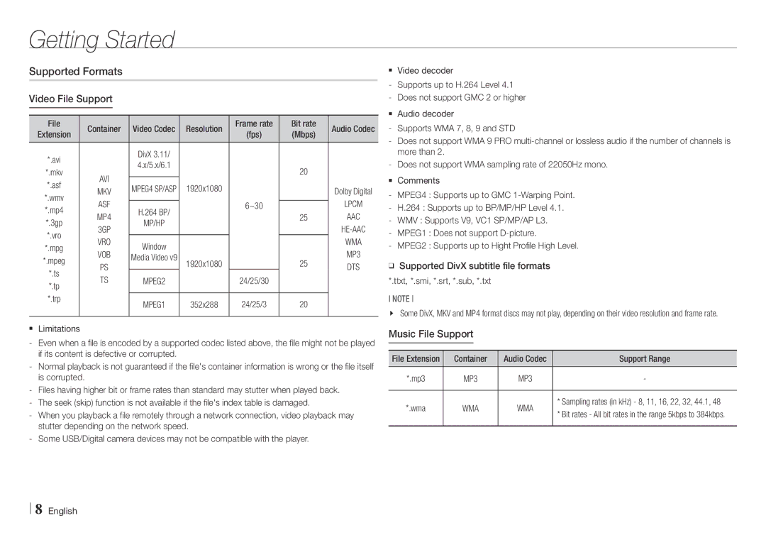 Samsung BD-E5500/EN, BD-E5500/XE manual Supported Formats Video File Support, Music File Support, Vro, Wma 