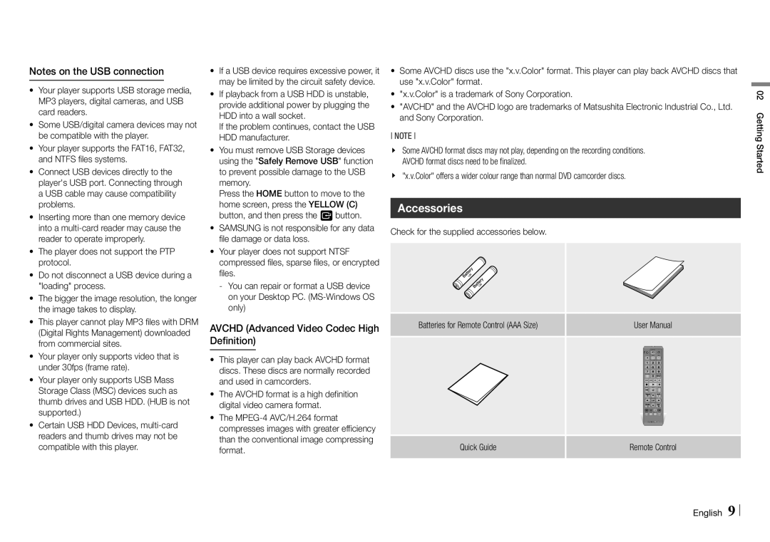 Samsung BD-E5500/XE Accessories, Avchd Advanced Video Codec High Definition, Check for the supplied accessories below 