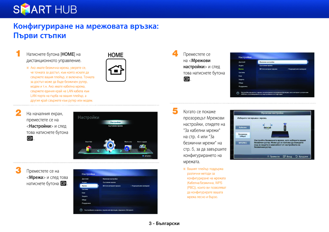 Samsung BD-E5500/EN Конфигуриране на мрежовата връзка Първи стъпки, Натиснете бутона Home на, Дистанционното управление 
