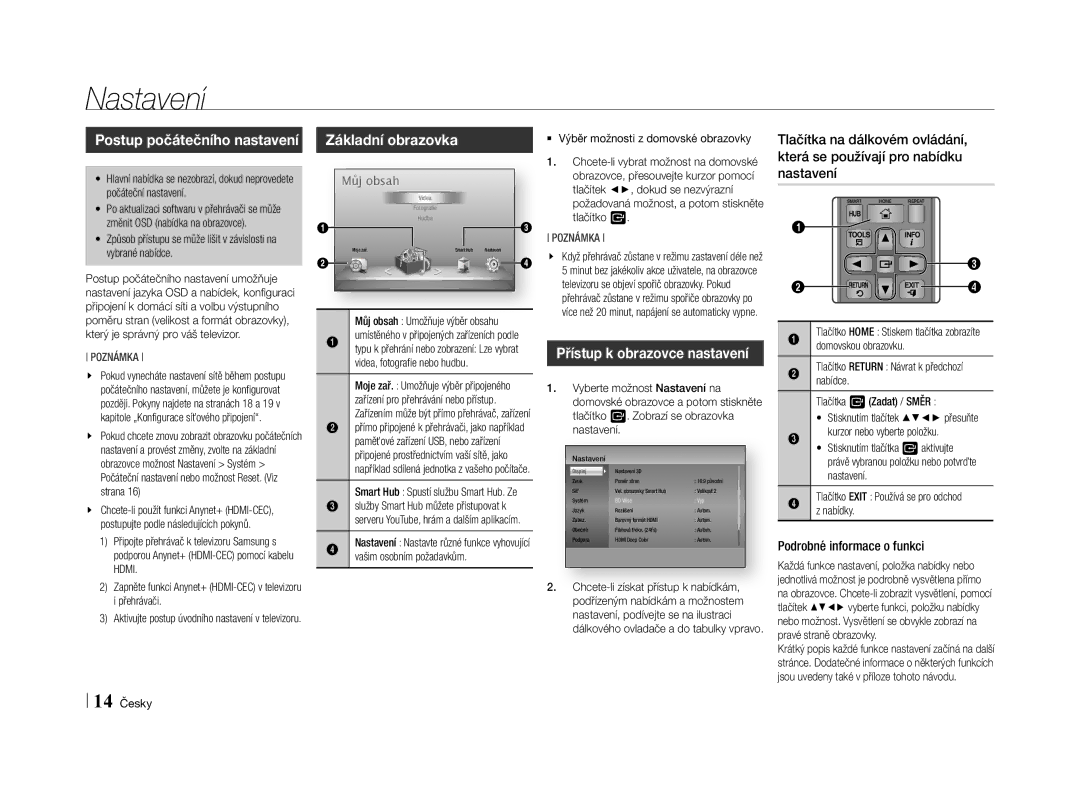 Samsung BD-E5500/EN manual Nastavení, Postup počátečního nastavení, Podrobné informace o funkci 