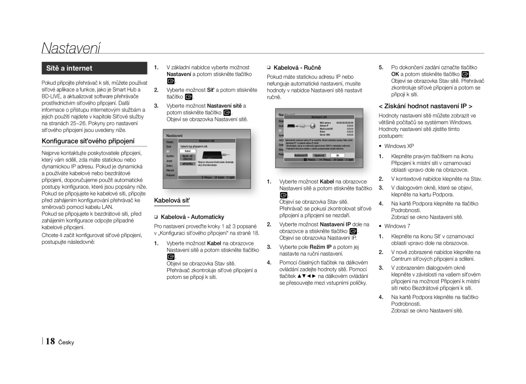 Samsung BD-E5500/EN manual Sítě a internet, Získání hodnot nastavení IP, Konfigurace síťového připojení, ĞĞ Kabelová Ručně 