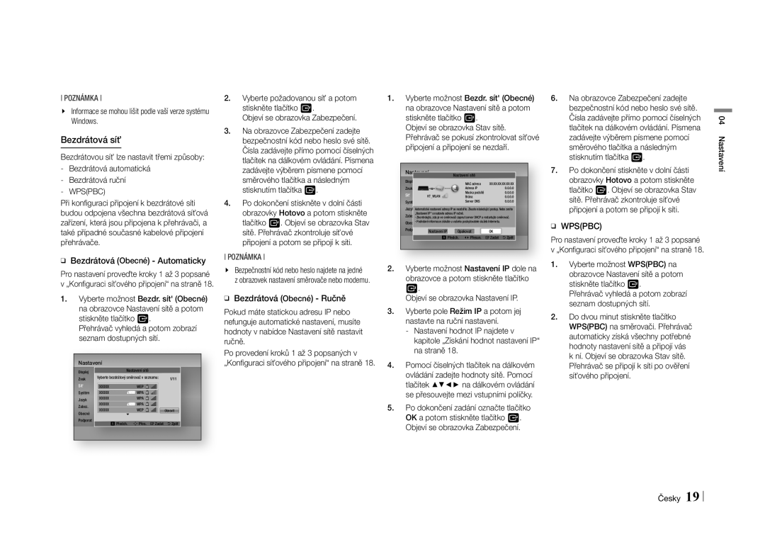 Samsung BD-E5500/EN manual ĞĞ Bezdrátová Obecné Automaticky, ĞĞ Bezdrátová Obecné Ručně, Wpspbc 