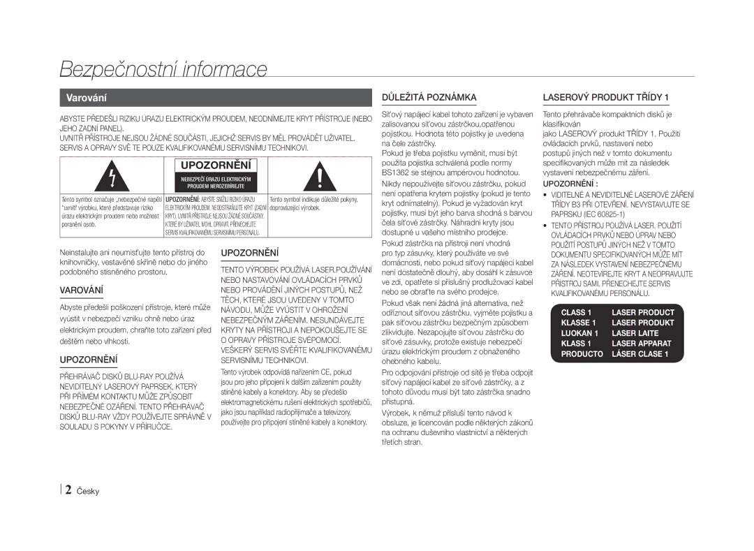 Samsung BD-E5500/EN manual Bezpečnostní informace, Varování, Upozornění, Kvalifikovanému Personálu 