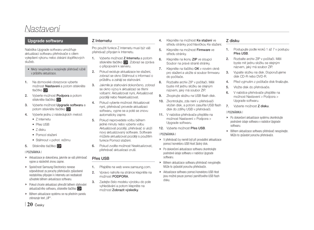 Samsung BD-E5500/EN manual Upgrade softwaru, Internetu Disku, Přes USB 