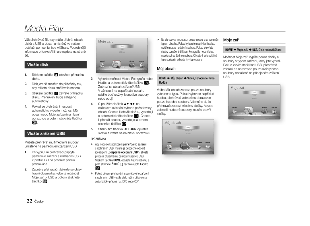 Samsung BD-E5500/EN manual Media Play, Vložte disk, Vložte zařízení USB, Můj obsah, Moje zař 