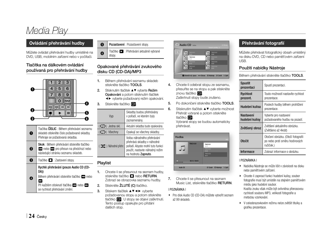 Samsung BD-E5500/EN Ovládání přehrávání hudby, Přehrávání fotografií, Opakované přehrávání zvukového disku CD CD-DA/MP3 