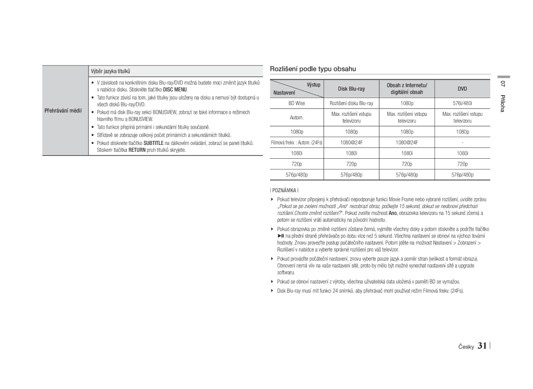 Samsung BD-E5500/EN manual Rozlišení podle typu obsahu, Přehrávání médií Výběr jazyka titulků 