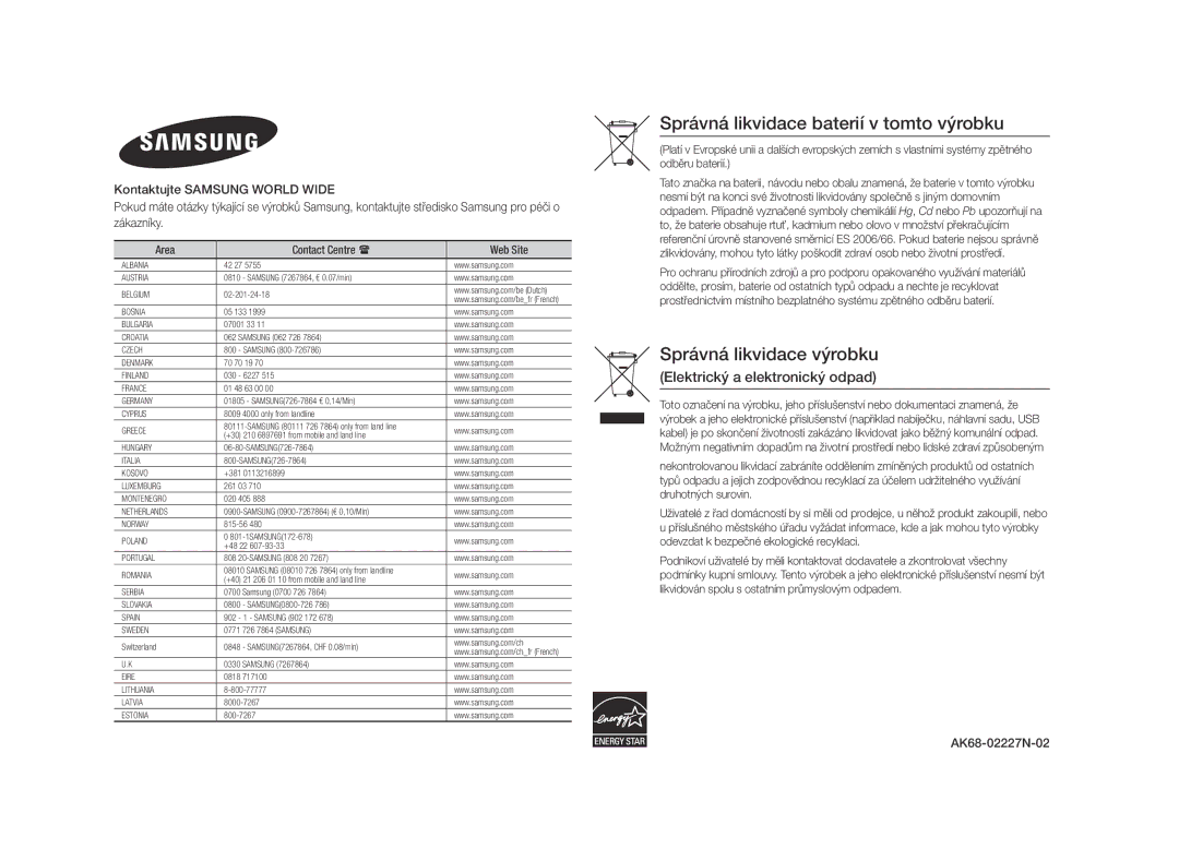 Samsung BD-E5500/EN manual Správná likvidace baterií v tomto výrobku, AK68-02227N-02 