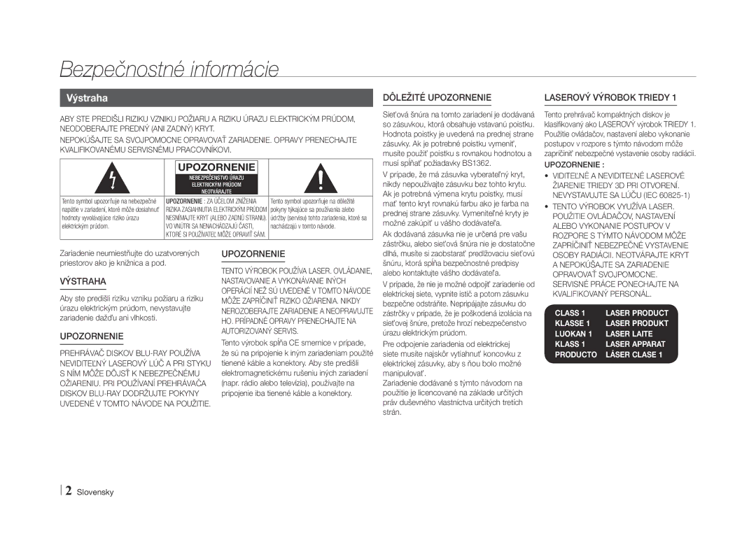 Samsung BD-E5500/EN manual Bezpečnostné informácie, Výstraha 