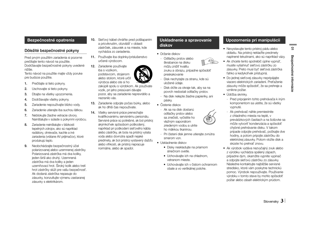 Samsung BD-E5500/EN manual Bezpečnostné opatrenia, Uskladnenie a spravovanie diskov, Upozornenia pri manipulácii 