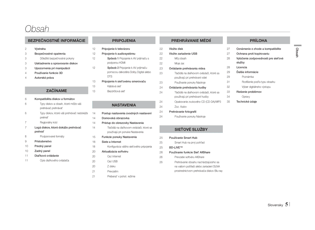 Samsung BD-E5500/EN manual Obsah Slovensky 