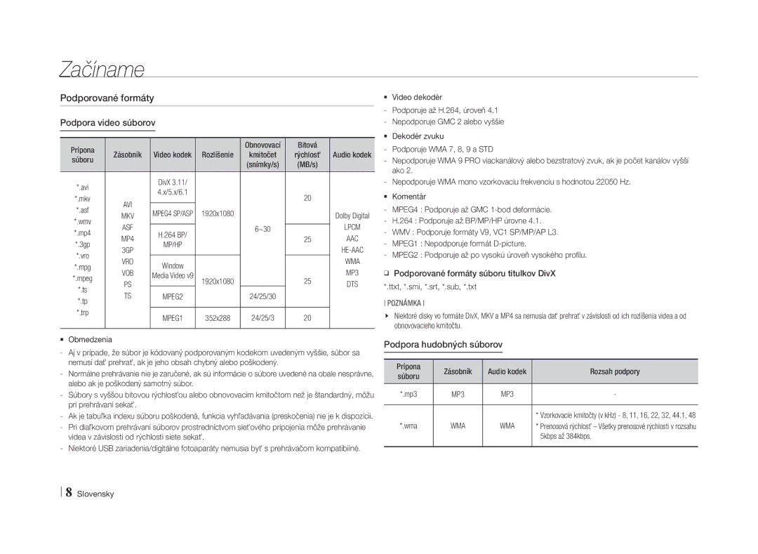 Samsung BD-E5500/EN manual Podporované formáty Podpora video súborov, Podpora hudobných súborov, Vro, Wma 