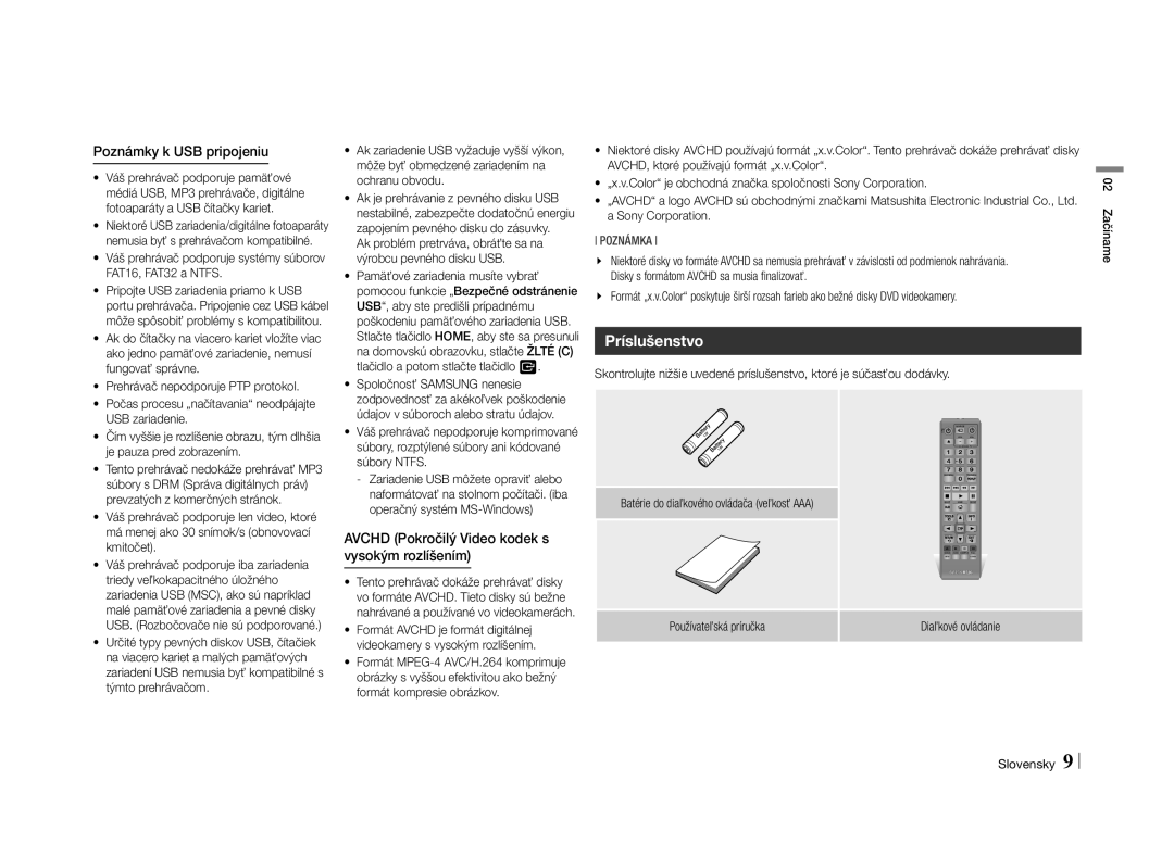 Samsung BD-E5500/EN manual Príslušenstvo, Poznámky k USB pripojeniu, Avchd Pokročilý Video kodek s vysokým rozlíšením 