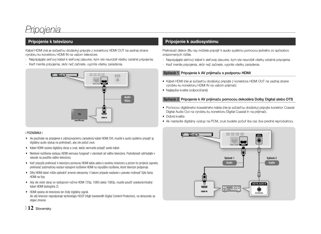 Samsung BD-E5500/EN manual Pripojenia, Pripojenie k televízoru, Spôsob 1 Pripojenie k AV prijímaču s podporou Hdmi 