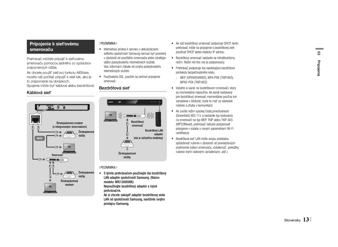 Samsung BD-E5500/EN manual Pripojenie k sieťovému smerovaču, Káblová sieť, Bezdrôtová sieť 