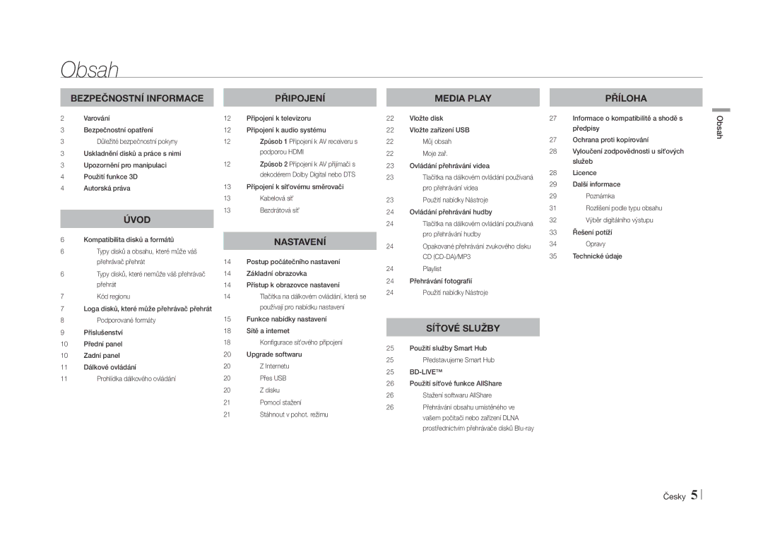 Samsung BD-E5500/EN manual Obsah Česky 
