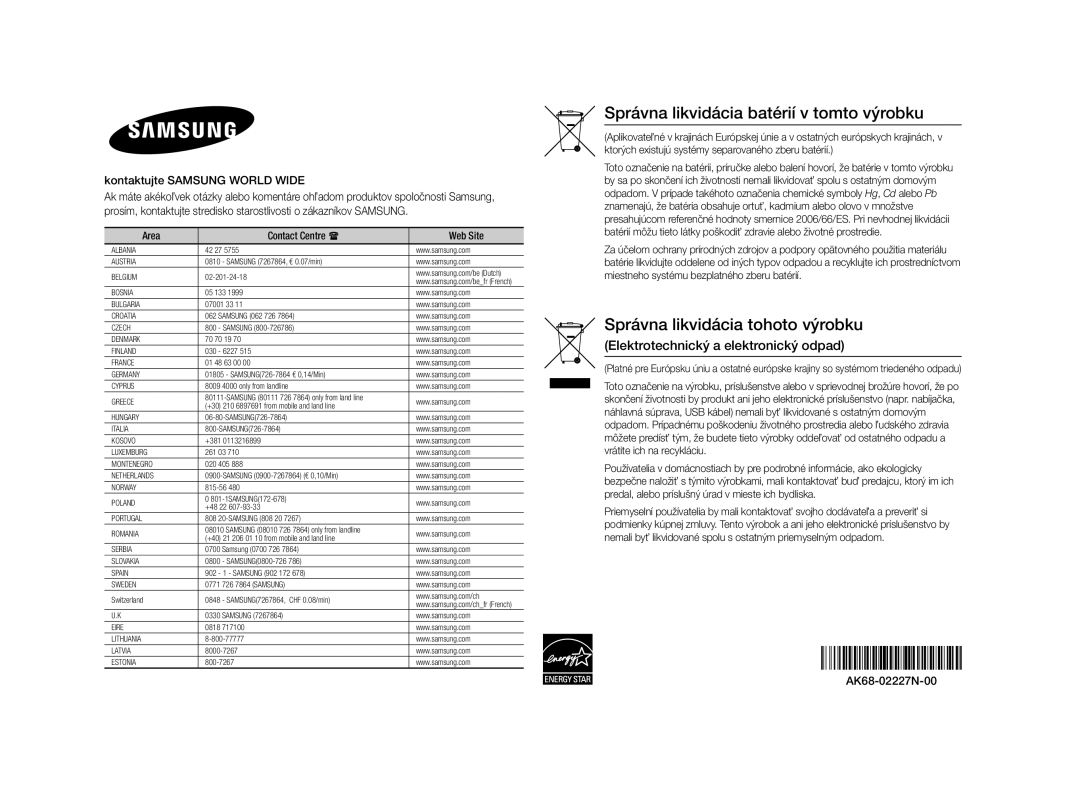 Samsung BD-E5500/EN manual Kontaktujte Samsung World Wide, Area Contact Centre  Web Site, AK68-02227N-00 