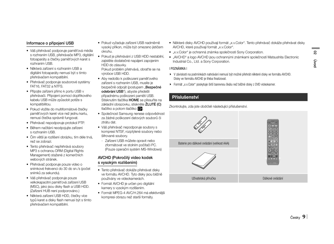 Samsung BD-E5500/EN manual Příslušenství, Informace o připojení USB, Avchd Pokročilý video kodek s vysokým rozlišením 