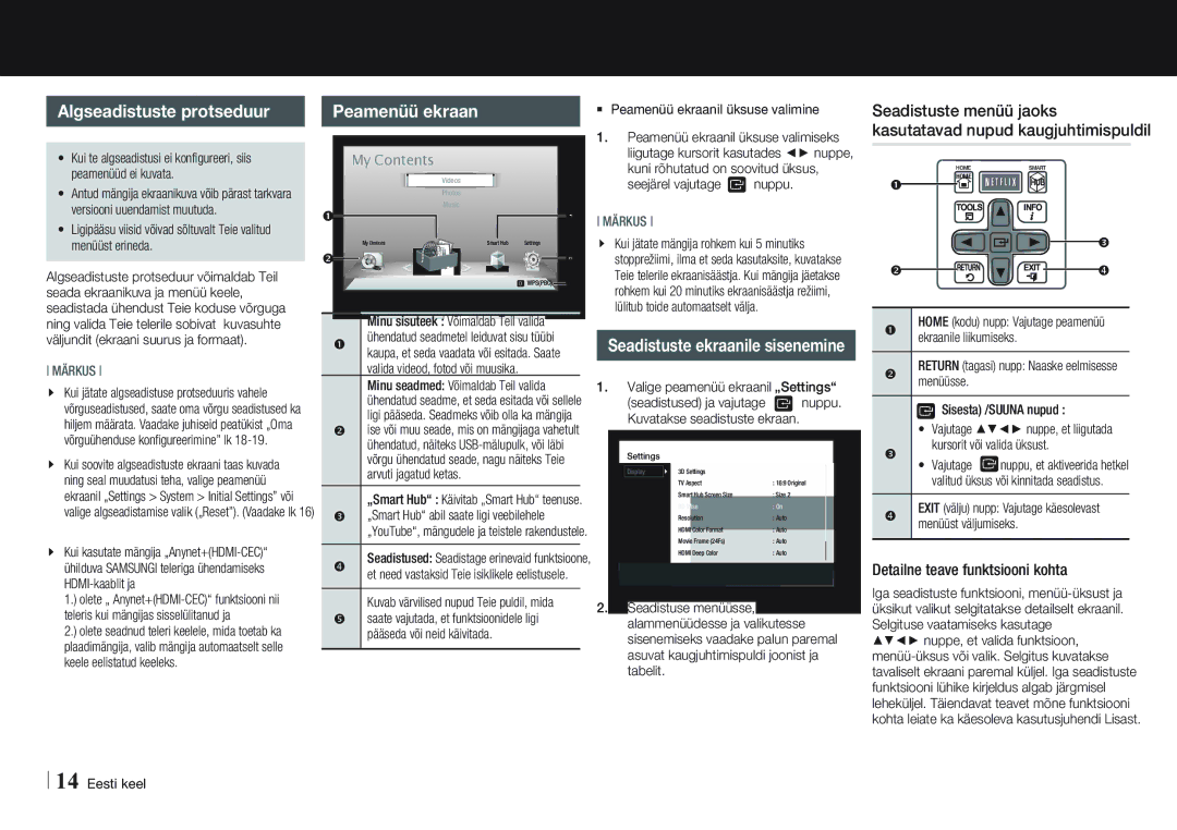 Samsung BD-E5500/EN manual Seadistused, Algseadistuste protseduur, Peamenüü ekraan, Detailne teave funktsiooni kohta 