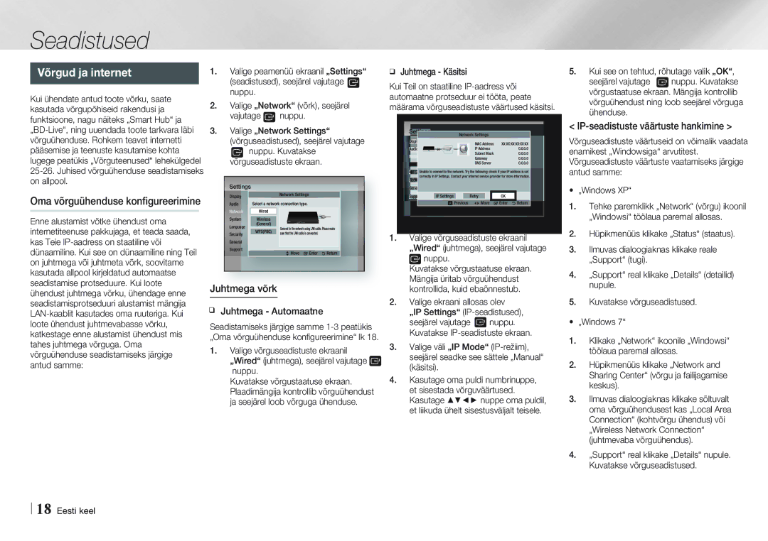 Samsung BD-E5500/EN manual Võrgud ja internet, Oma võrguühenduse konfigureerimine, Juhtmega võrk 