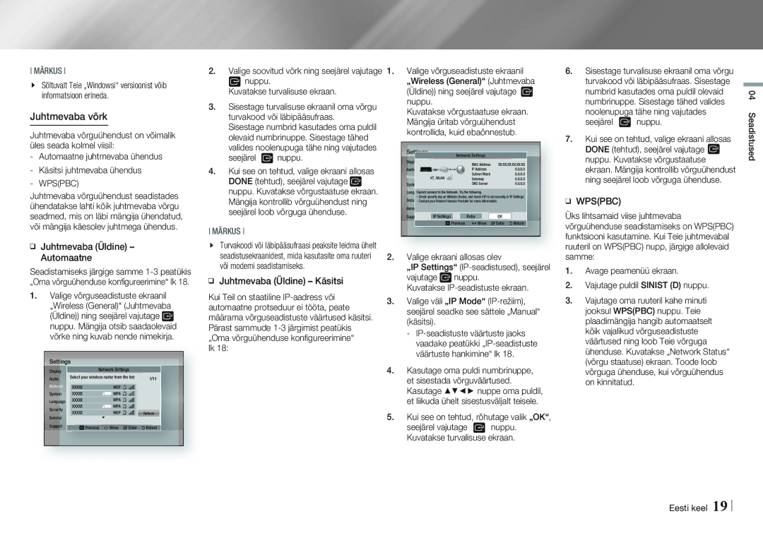 Samsung BD-E5500/EN manual Wpspbc, Seejärel nuppu, Kui see on tehtud, rõhutage valik „OK 