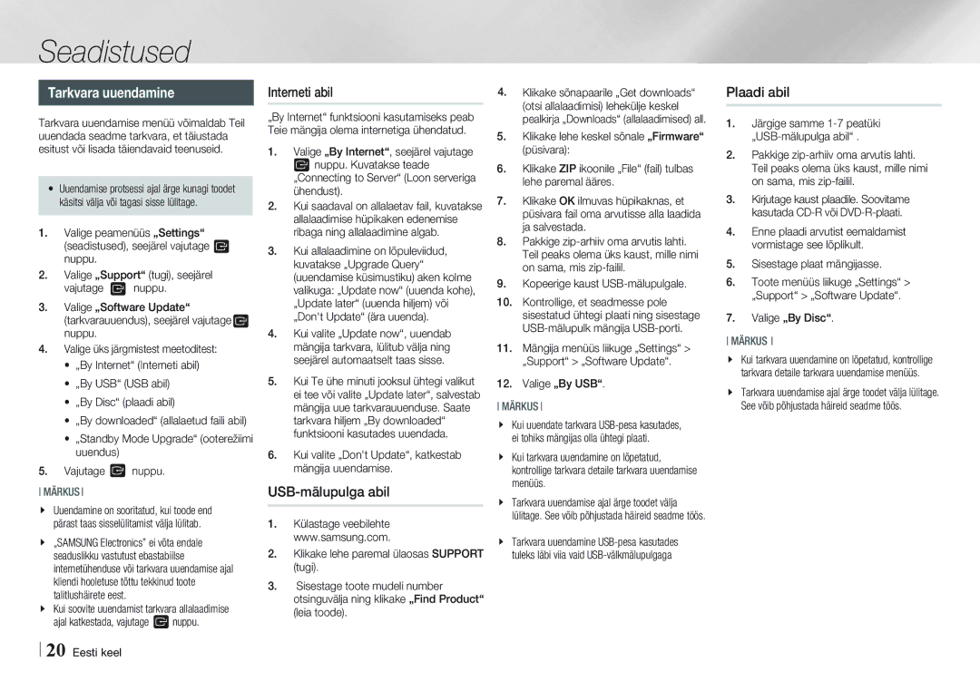 Samsung BD-E5500/EN manual Tarkvara uuendamine, Interneti abil, USB-mälupulga abil, Plaadi abil 