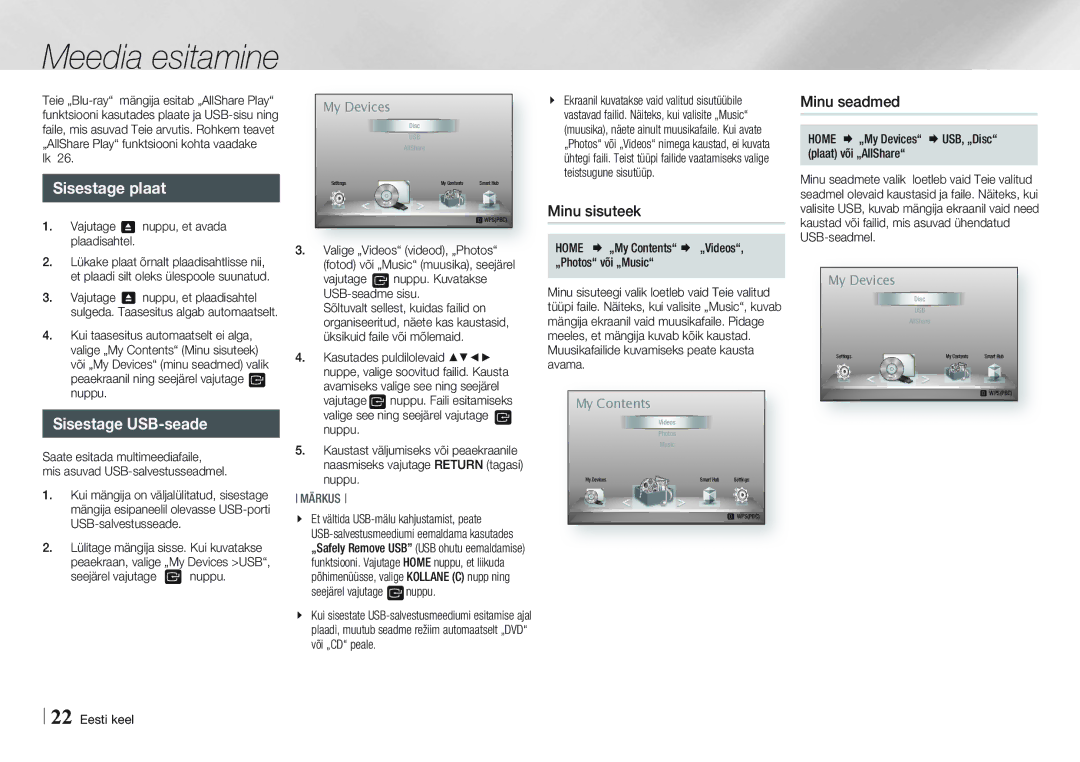 Samsung BD-E5500/EN manual Meedia esitamine, Sisestage plaat, Sisestage USB-seade, Minu sisuteek, Minu seadmed 