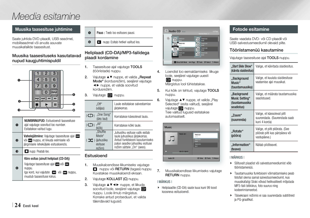 Samsung BD-E5500/EN manual Muusika taasesituse juhtimine, Fotode esitamine, Heliplaadi CD-DA/MP3-failidega plaadi kordamine 