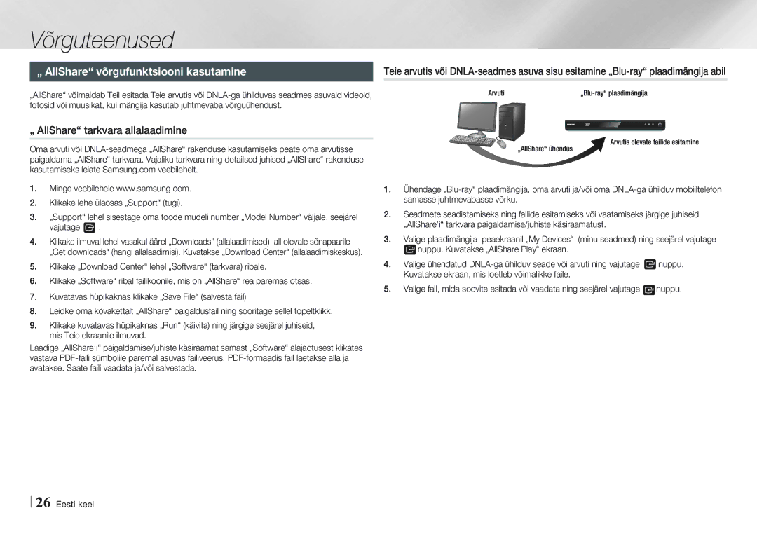 Samsung BD-E5500/EN manual „ AllShare võrgufunktsiooni kasutamine, „ AllShare tarkvara allalaadimine 