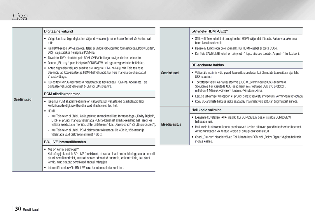 Samsung BD-E5500/EN manual PCM alladiskreetimine,  Hdmi, BD-LIVE internetiühendus  Mis on kehtiv sertifikaat?, USB-seadme 