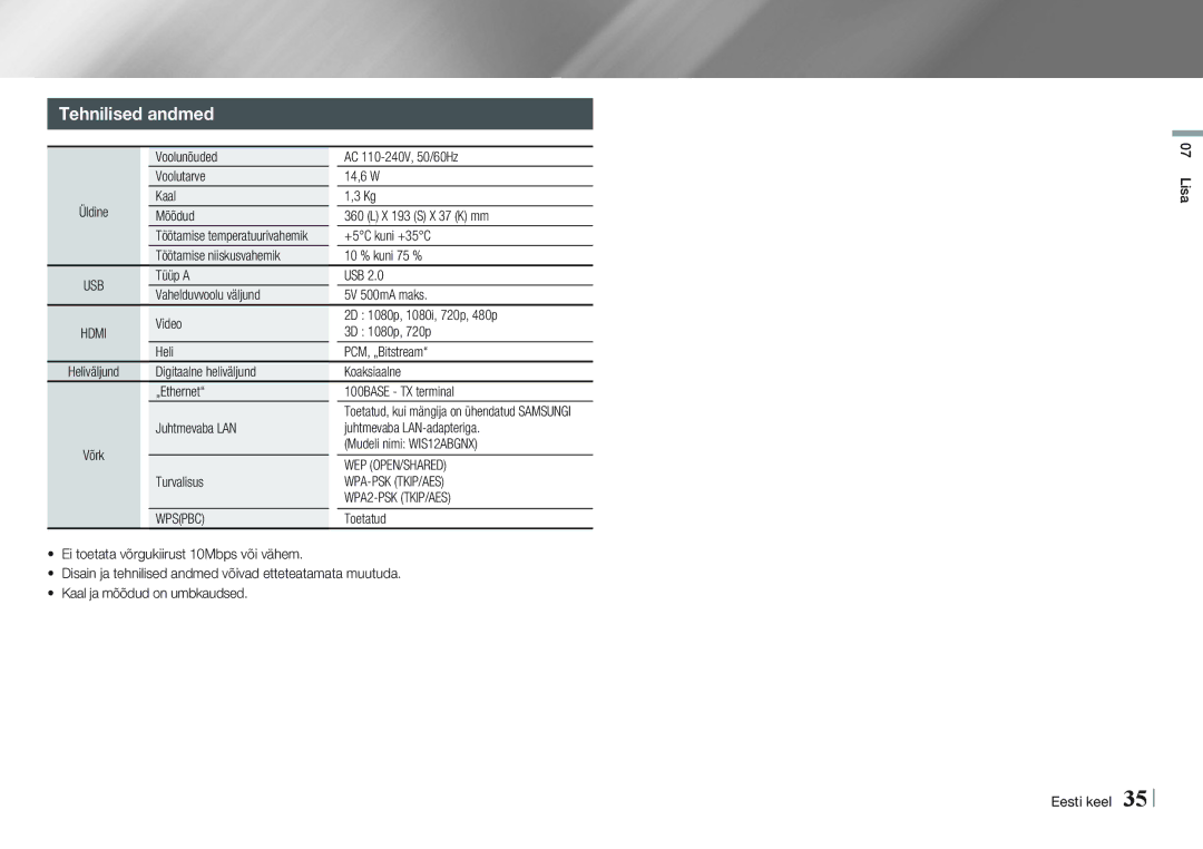 Samsung BD-E5500/EN manual Tehnilised andmed, Wep Open/Shared, Wpa-Psk Tkip/Aes, WPA2-PSK TKIP/AES 