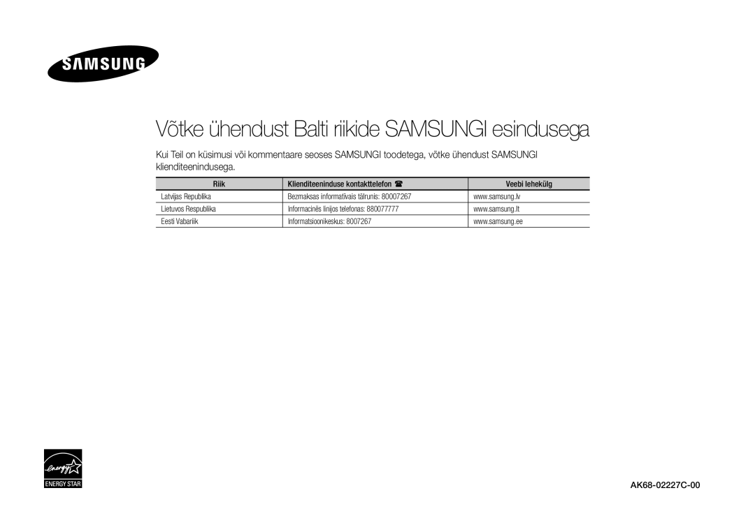 Samsung BD-E5500/EN manual Võtke ühendust Balti riikide Samsungi esindusega 