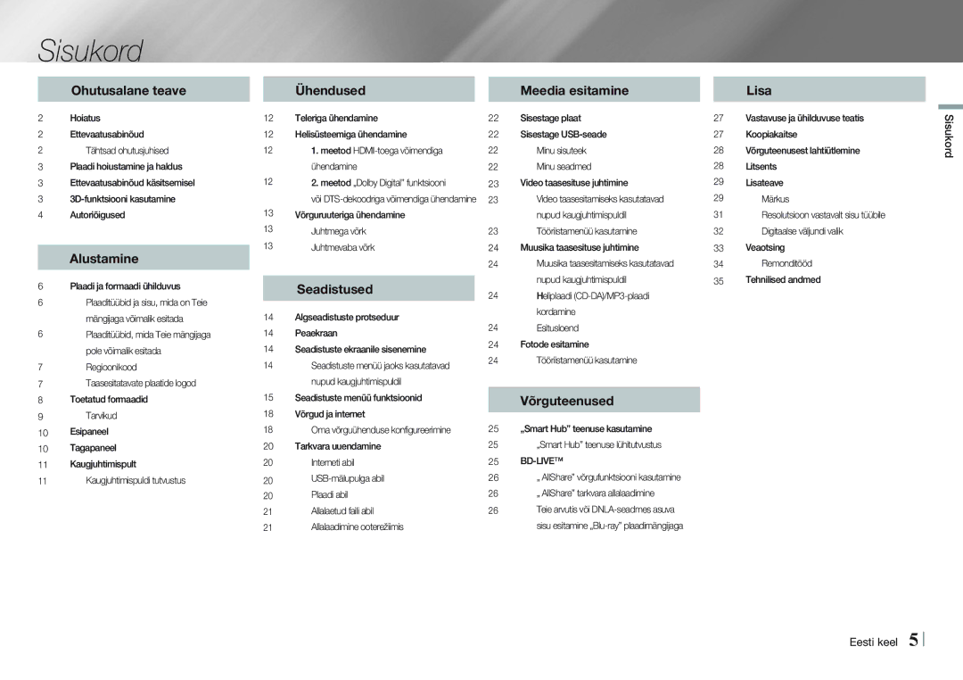Samsung BD-E5500/EN manual Sisukord Eesti keel 