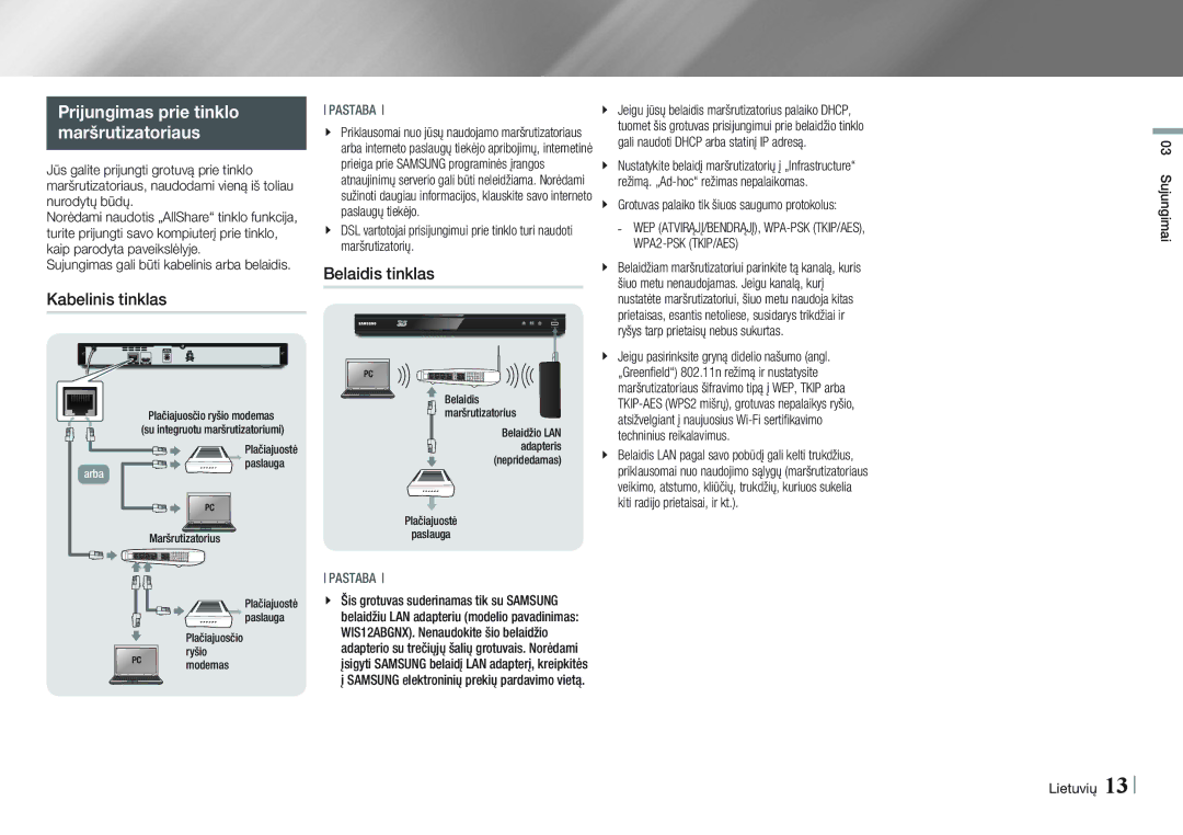 Samsung BD-E5500/EN Prijungimas prie tinklo Maršrutizatoriaus, Kabelinis tinklas, Belaidis tinklas, Sujungimai Lietuvių 