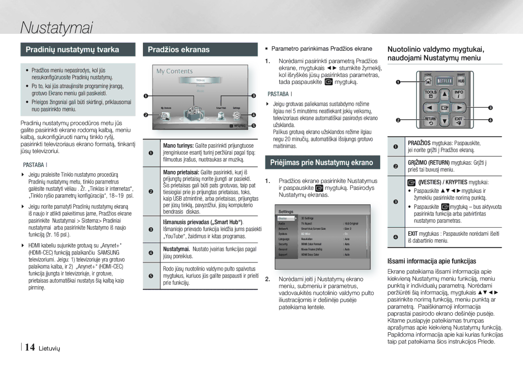 Samsung BD-E5500/EN manual Nustatymai, Pradinių nustatymų tvarka, Pradžios ekranas, Išsami informacija apie funkcijas 