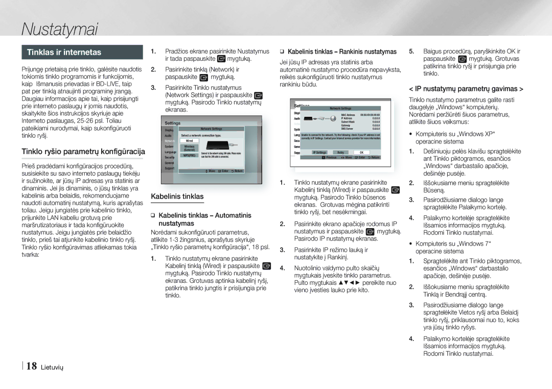 Samsung BD-E5500/EN manual Tinklas ir internetas, Tinklo ryšio parametrų konfigūracija, IP nustatymų parametrų gavimas 