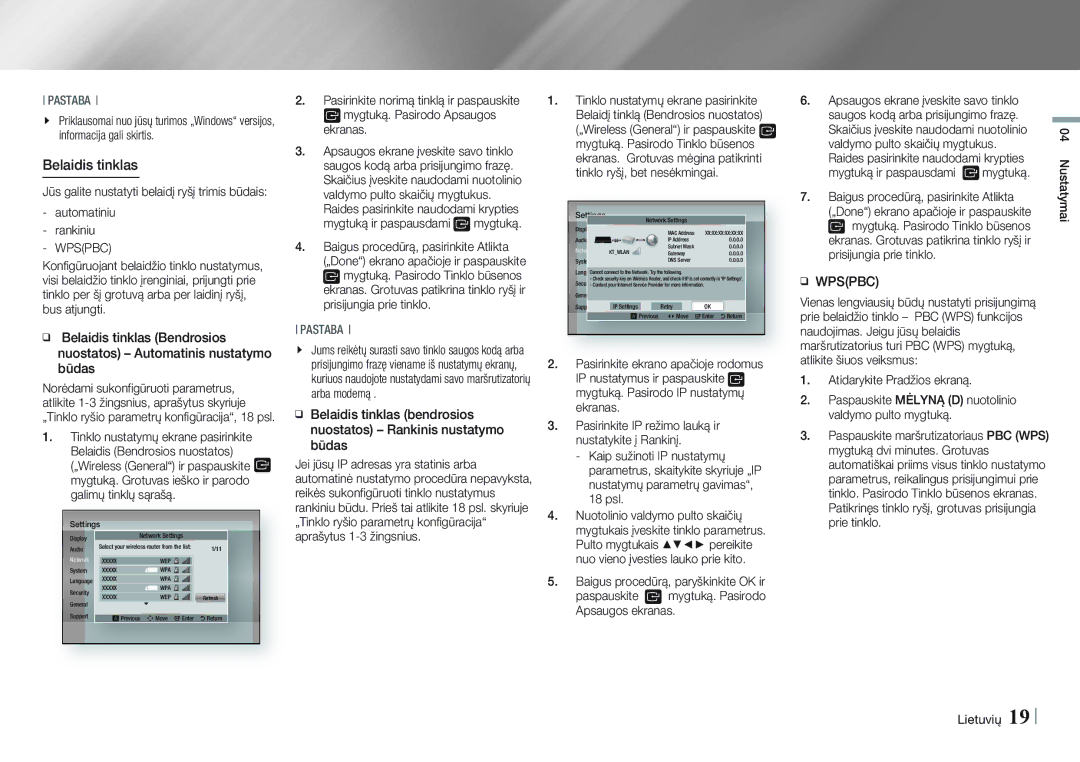 Samsung BD-E5500/EN manual Automatiniu Rankiniu, Wpspbc, Mygtuką ir paspausdami mygtuką, Nustatymai Lietuvių 